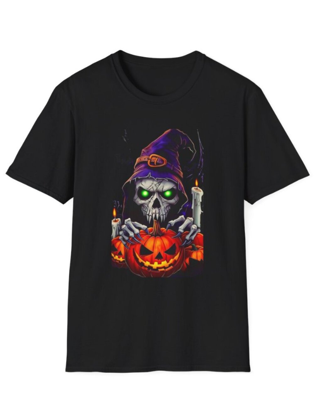 Glowing Skull Witch with Jack-o'-Lantern T-Shirt | Halloween Skull Tee
